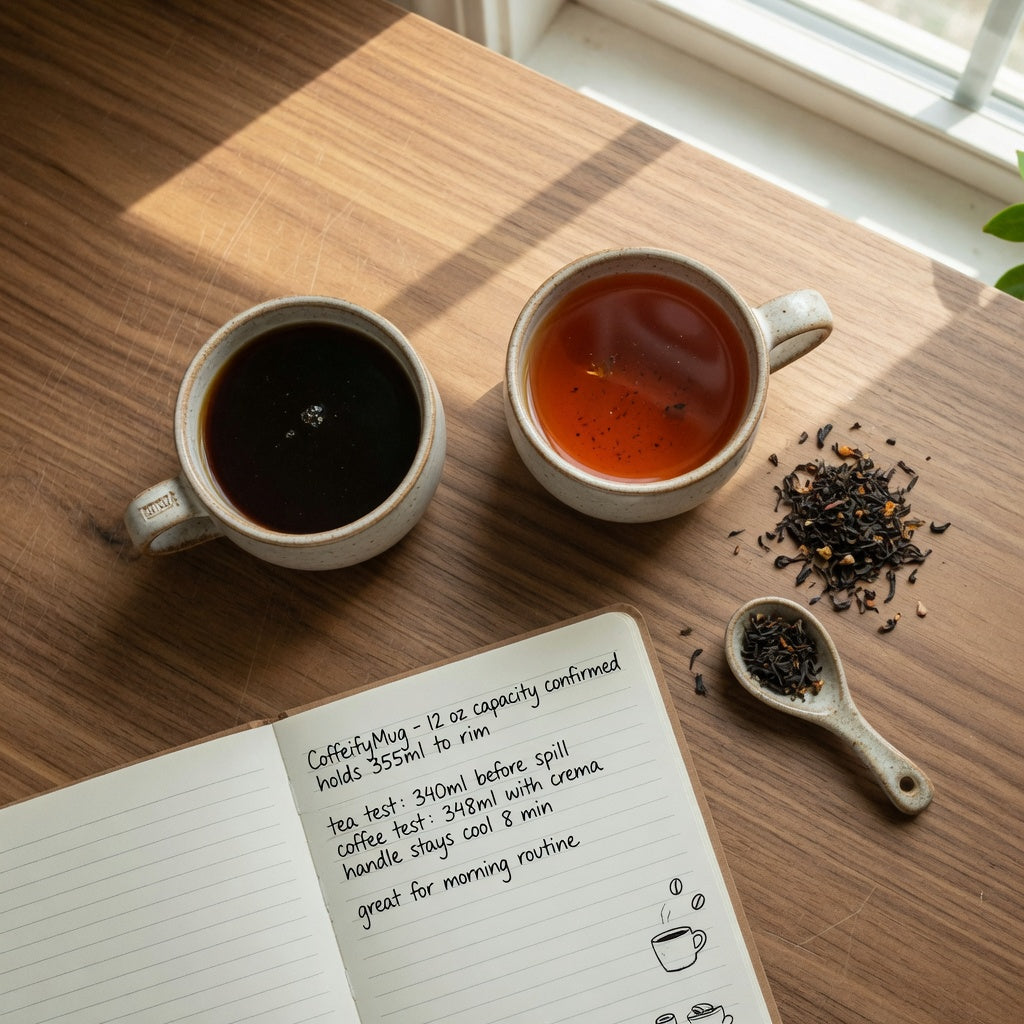 Round ceramic mugs with coffee and tea on a kitchen counter, showing what the best ceramic mugs for coffee and tea drinkers have in common