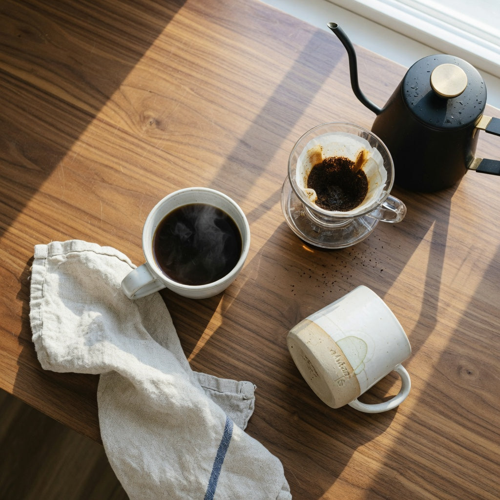 Hands holding one of the best ceramic mugs for everyday morning coffee on a sunlit kitchen counter beside a pour-over dripper