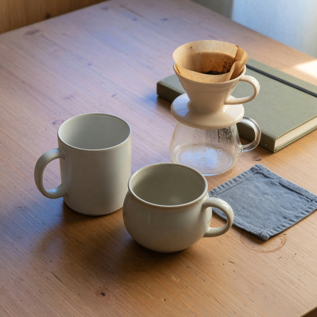Best ceramic mugs for home office coffee station pair on a small wood desk beside a compact brewer
