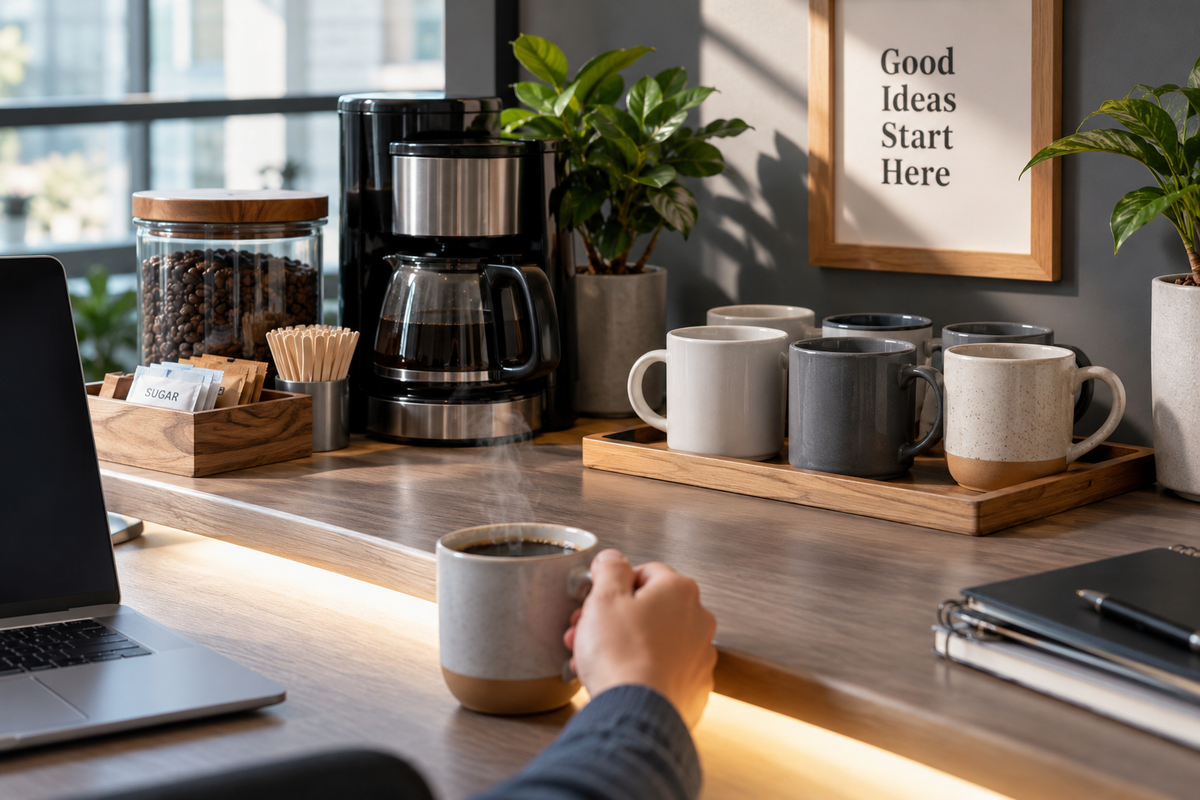 best ceramic mugs for office coffee station on a desk with coffee