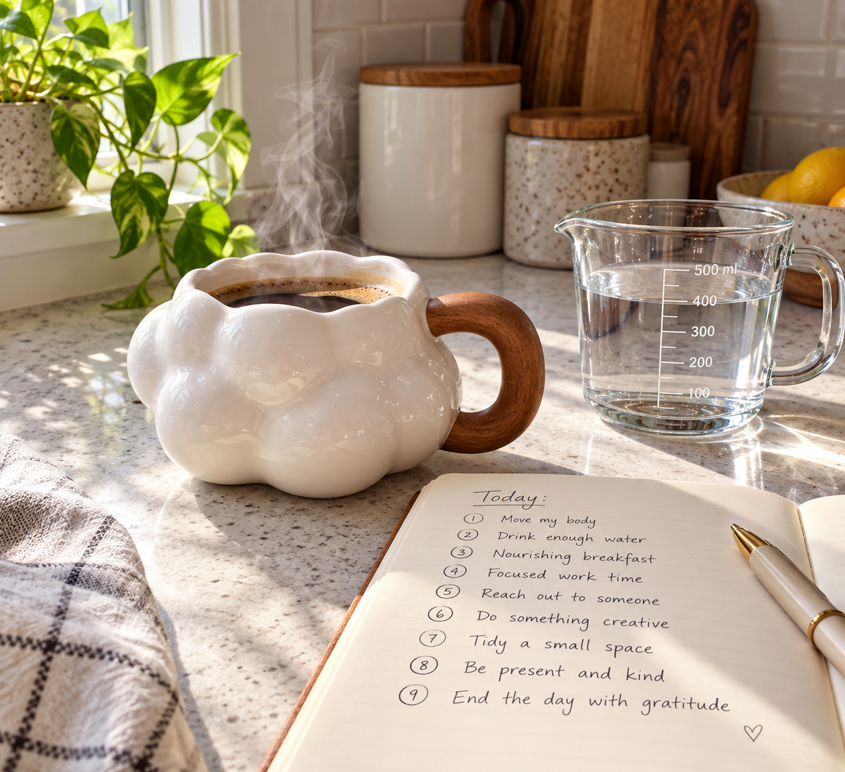 Sculpted cloud mug with a wooden handle beside a measuring cup, showing the comparisons in the best cloud mug buying checklist