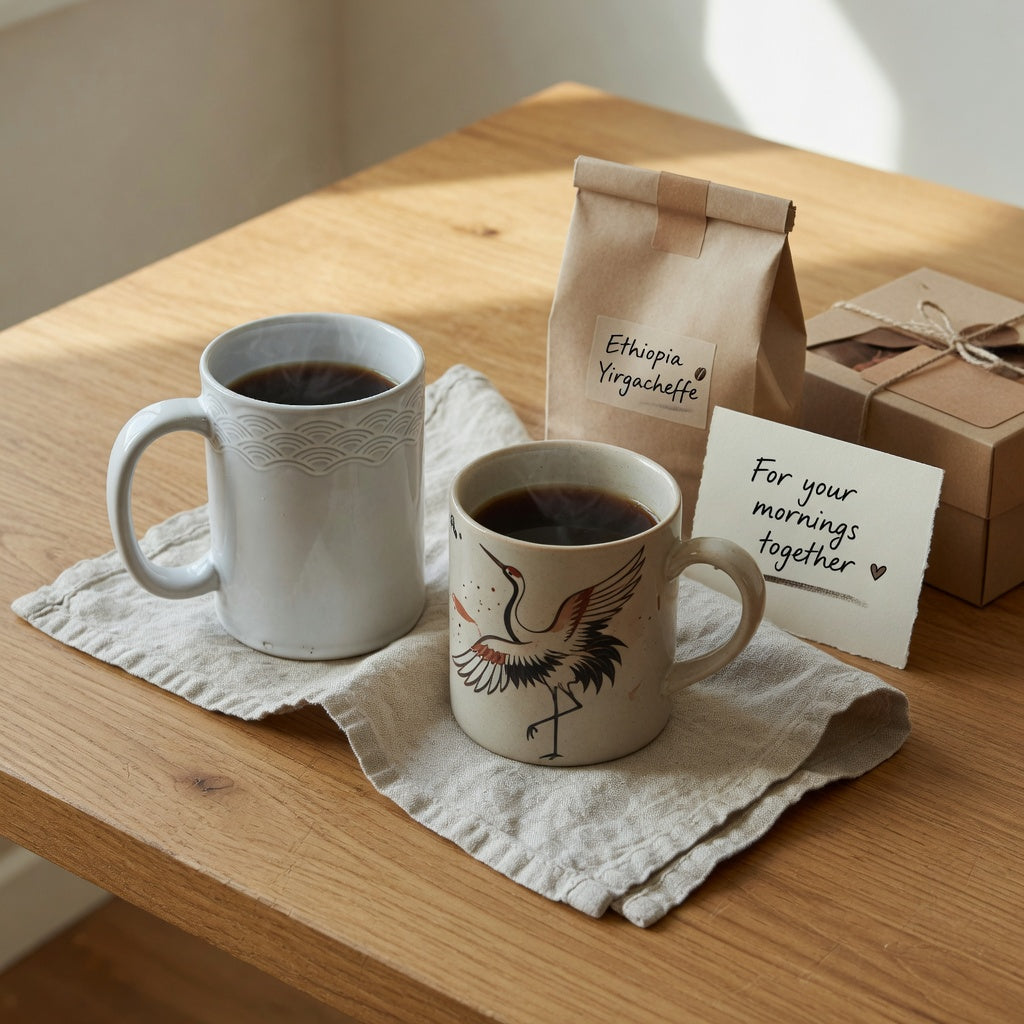 The best coffee mug wedding gift ideas shown as two complementary mugs with coffee, a gift card, and a kraft wedding box