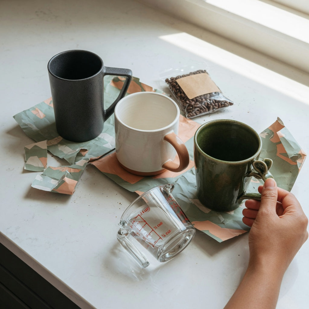 Best coffee mugs for birthday gift comparison with wrapping paper, coffee, and different mug styles on a kitchen counter