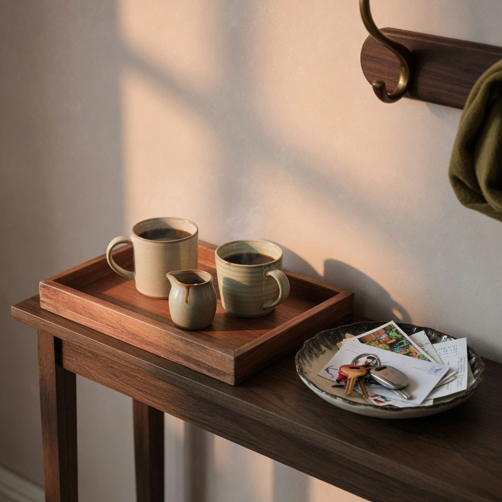 best coffee tray for entryway gift ideas mugs on a console with two cups and a small creamer
