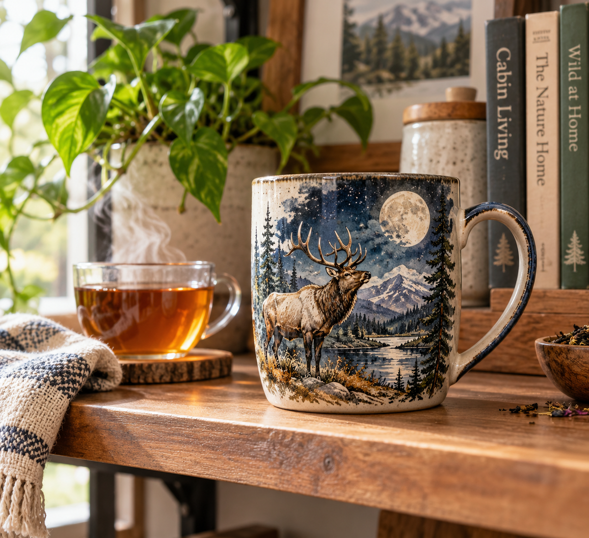 Best elk and moon tea mug for home decor featuring nature motifs in a stylish kitchen setting