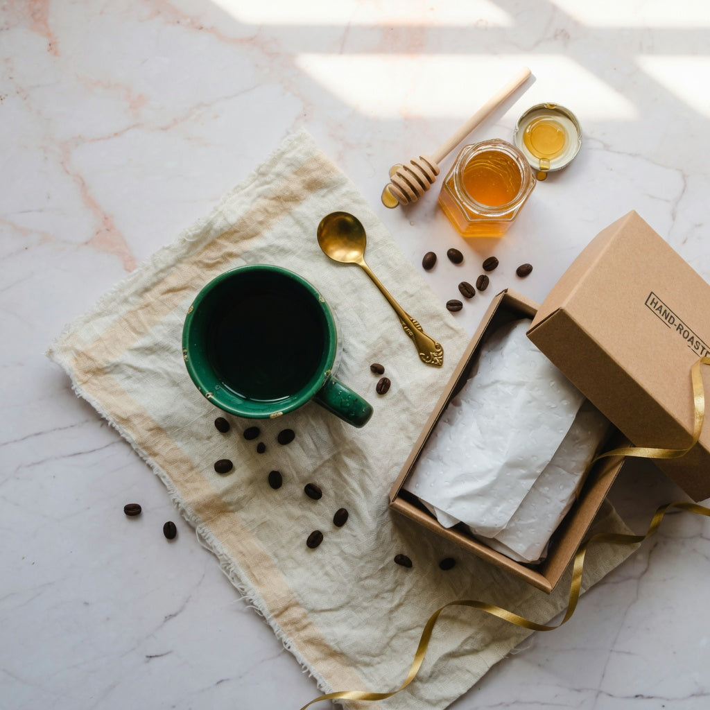 Emerald green ceramic coffee mug beside gift wrap and a brass spoon — one of the best emerald mugs for gifts