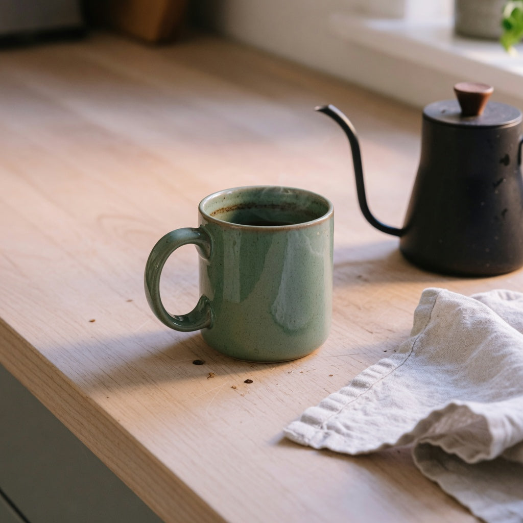 Coffee mug on a kitchen counter chosen as the best everyday coffee mug gift beside a kettle
