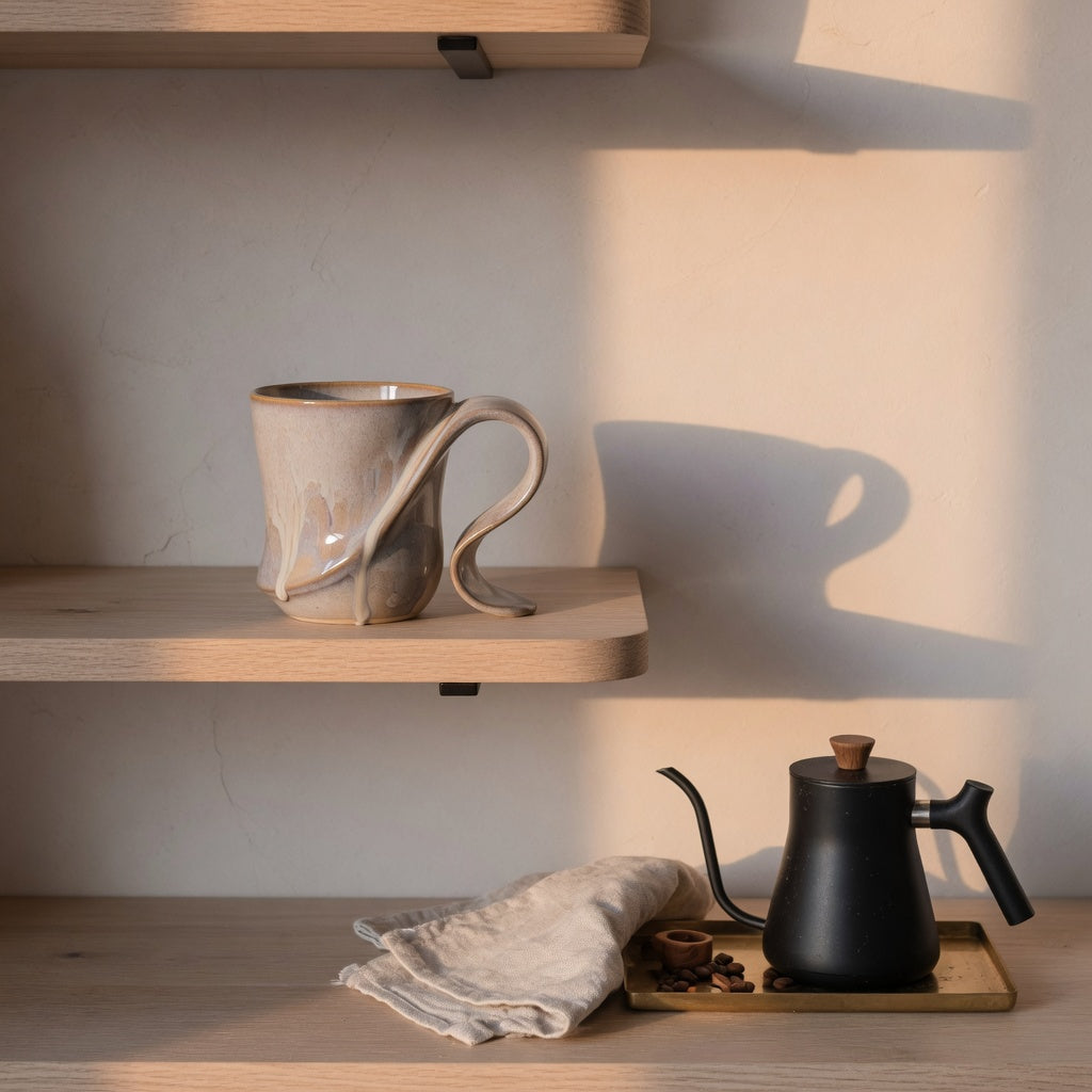 best flow coffee mug for home decor displayed on an open oak shelf above a compact coffee station