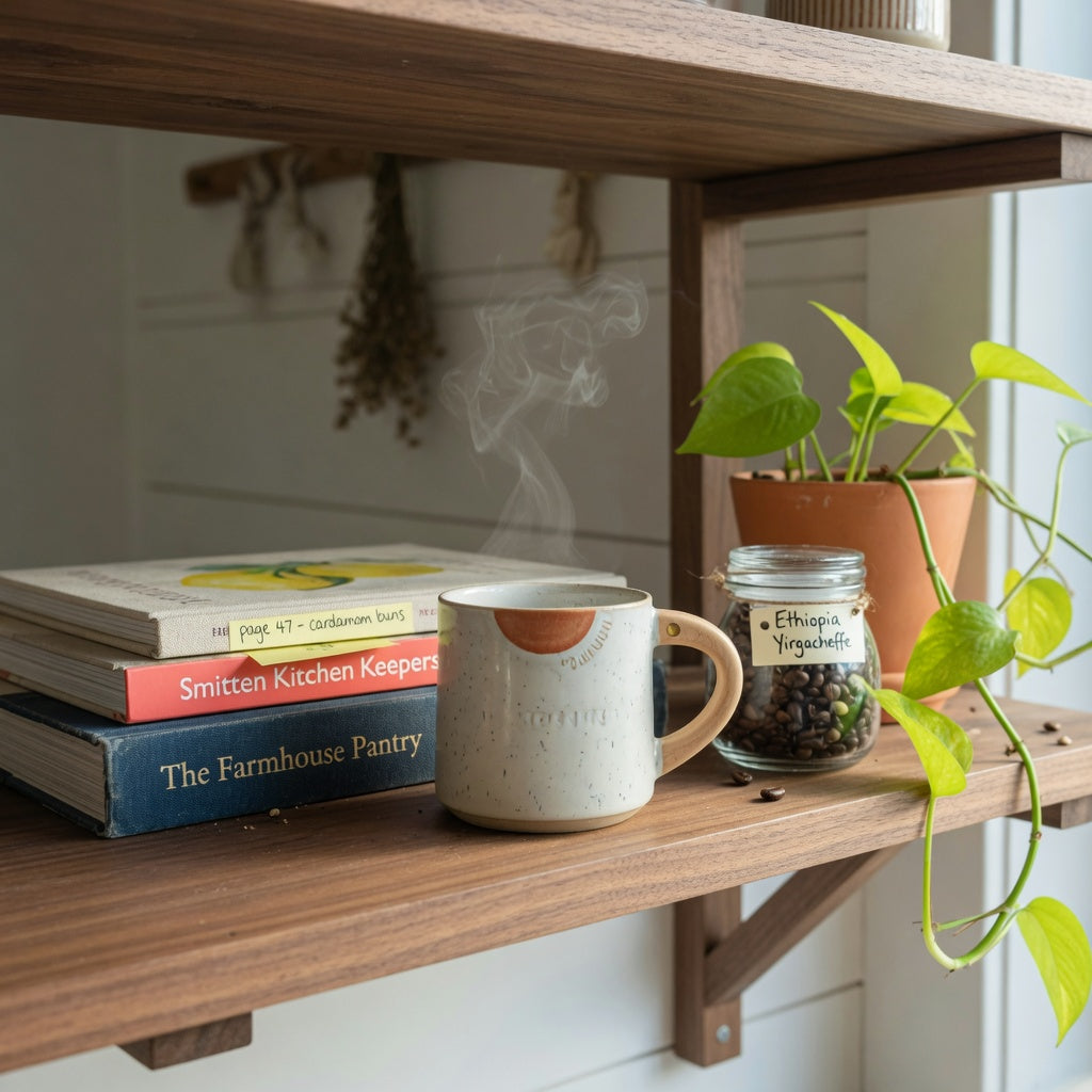 Best gift mug for coffee lovers home decor: glazed ceramic mug with wooden handle on an open kitchen shelf beside coffee beans and a pothos plant