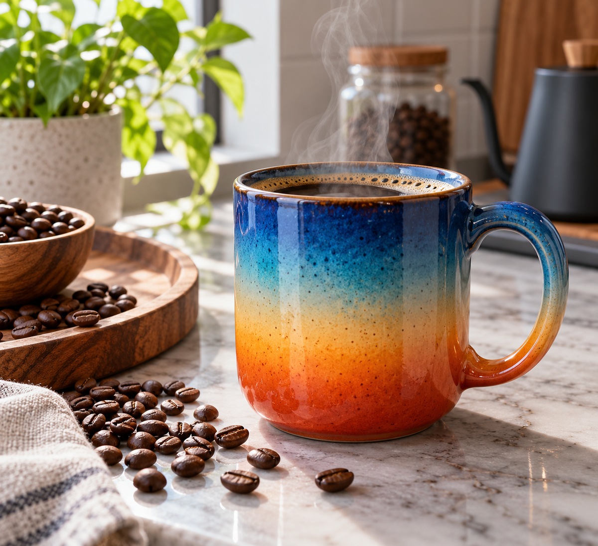 best gradient mugs for home: colorful ceramic coffee mug on kitchen counter