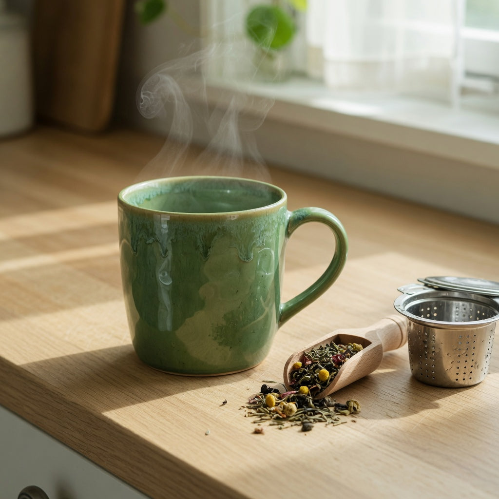 Best green ceramic coffee mug for tea on a kitchen counter with loose-leaf tea and a basket infuser