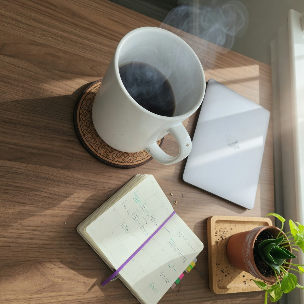 The best large ceramic mug for home office use on a walnut desk beside a laptop, filled with fresh coffee.