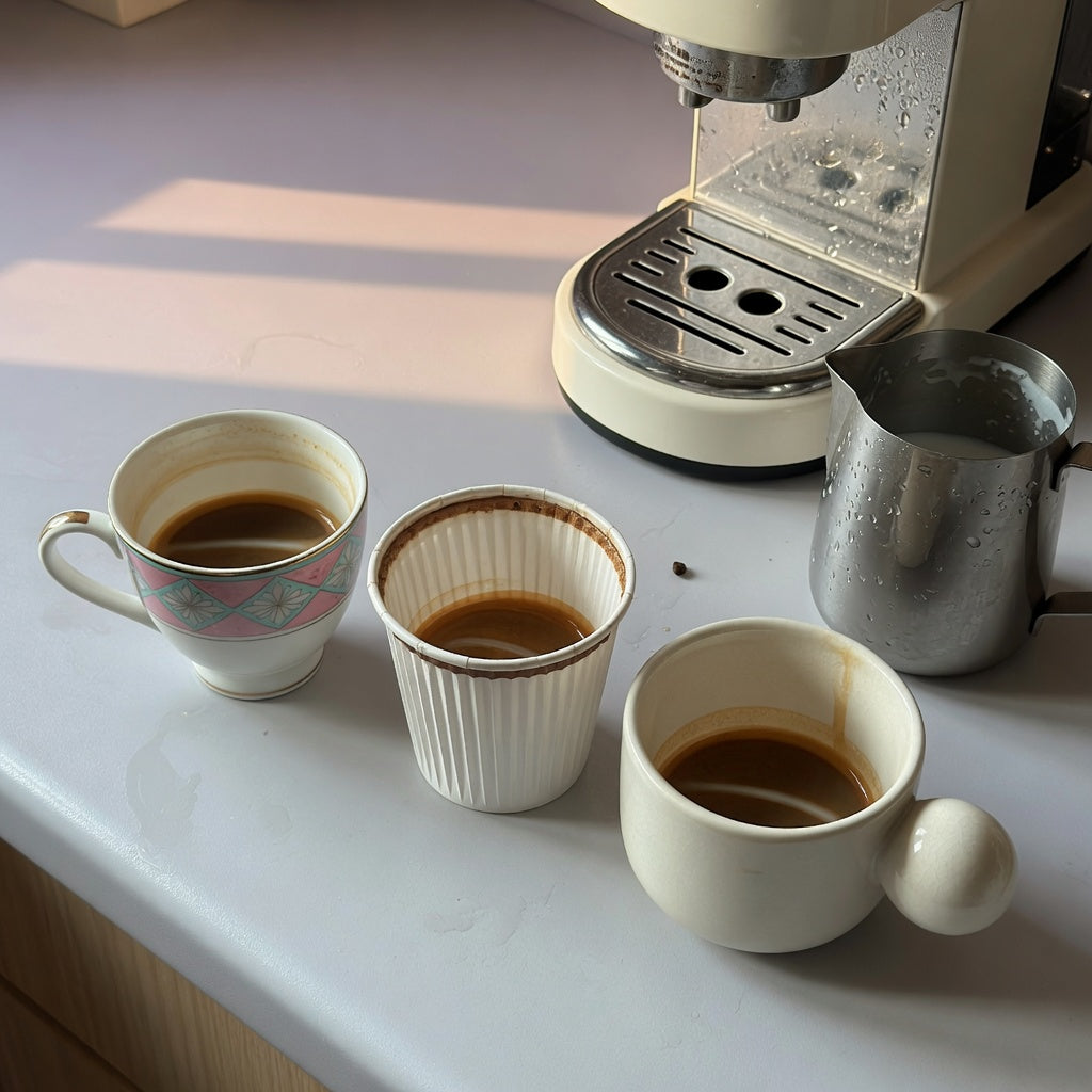 Retro, pleated, and ball-handled cups compared as the best macchiato cup for beginners on a kitchen counter