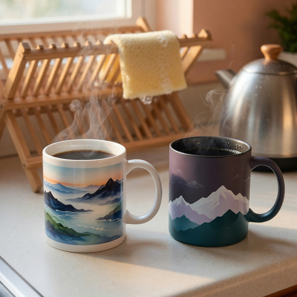 Best mountain and sea coffee mug comparison showing a printed scenic ceramic mug next to a heat-changing mug mid-reveal on a kitchen counter