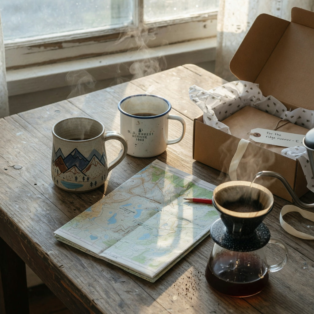 Best mountain coffee mugs for gifts: a ceramic ridgeline mug and an enamel camp mug arranged on a cabin table with a trail map