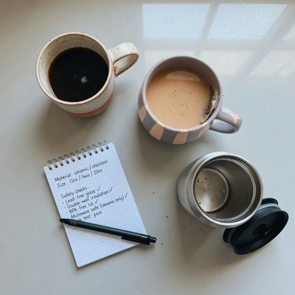 Best mug for coffee and tea comparison scene with a ceramic dual-use mug of black coffee beside a wider tea mug and an insulated travel mug on a kitchen counter