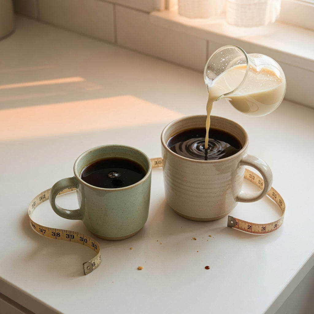 Best mug size for morning coffee: 12 oz and 16 oz ceramic mugs compared side by side on a sunlit kitchen counter