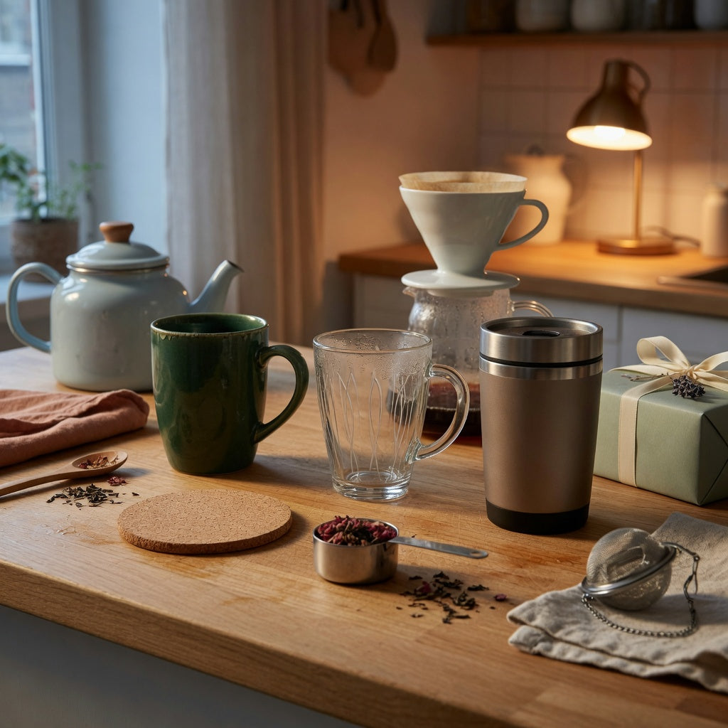 Comparing the best mugs for coffee and tea gifts in ceramic, glass, and insulated steel beside a kettle and gift box