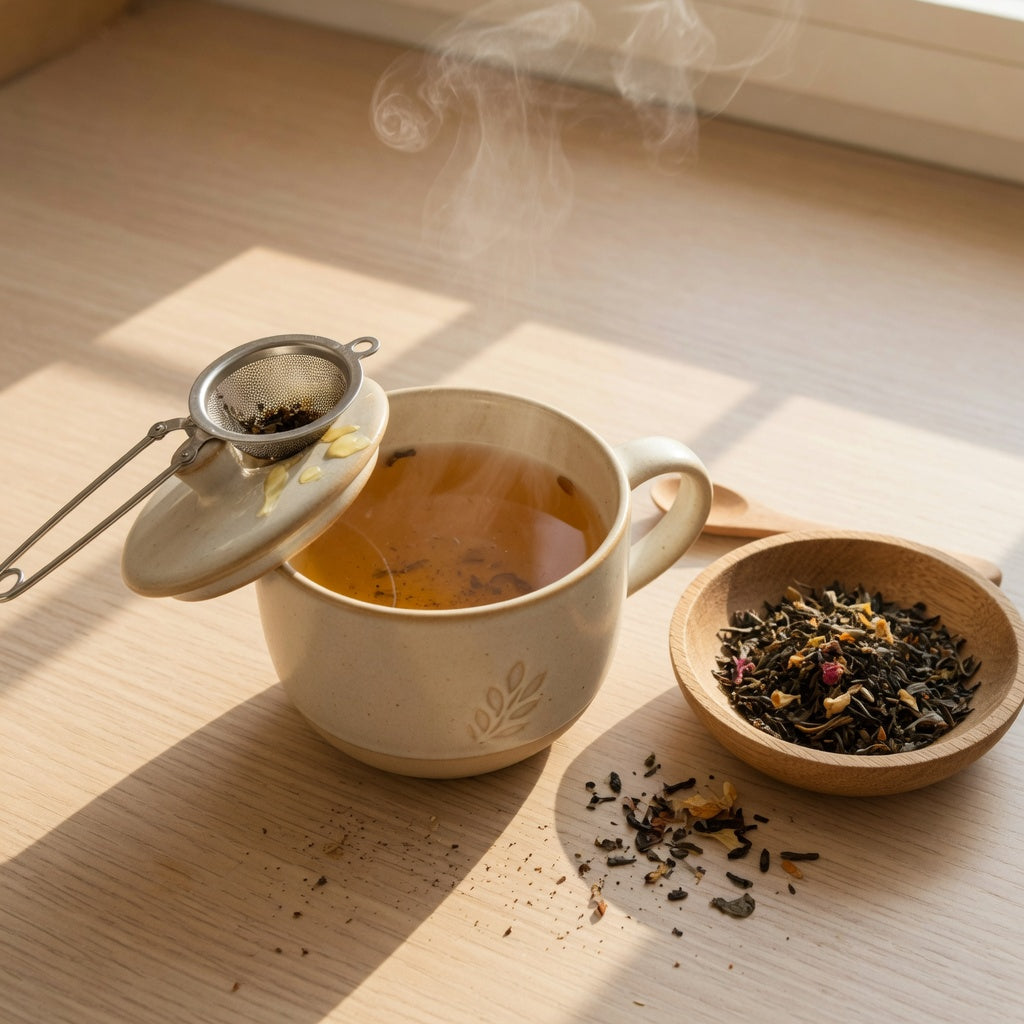 Round ceramic tea mug with infuser and lid — among the best mugs for tea drinkers for slow morning steeps