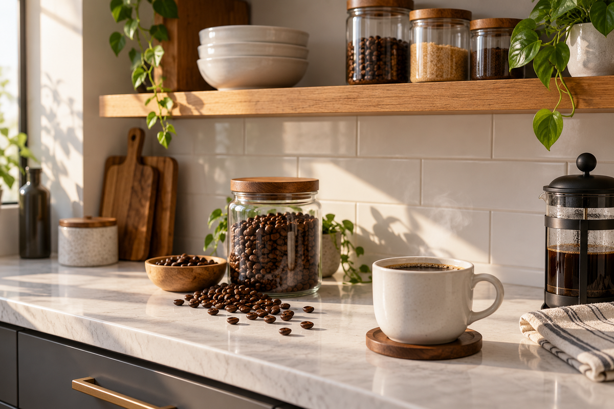 best open shelf ceramic mug for routine displayed on kitchen shelf during morning routine