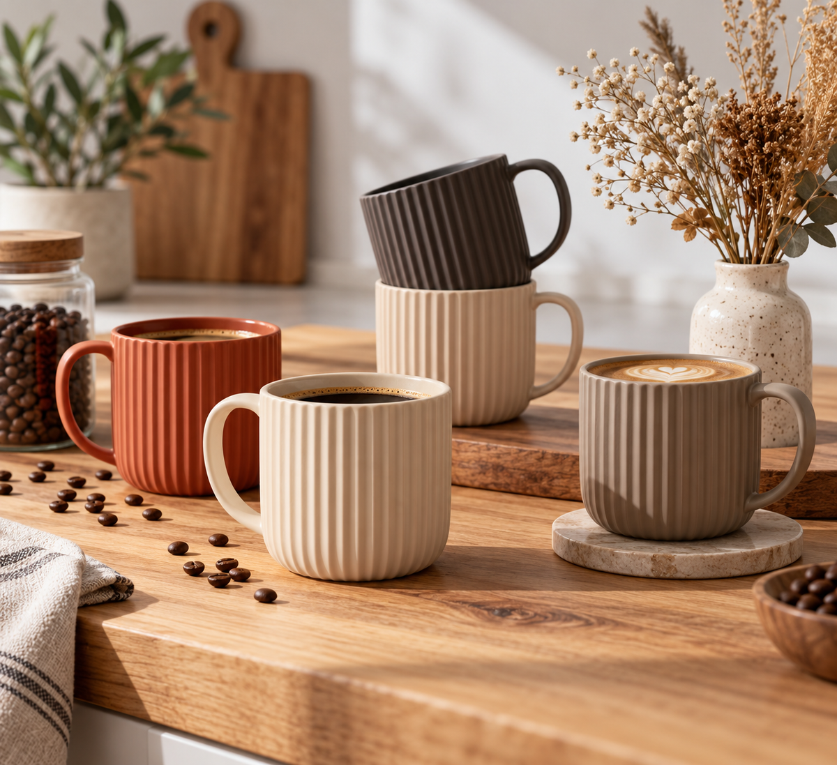 Best pleated coffee cup for home decor displayed on a kitchen counter with textured pleated design