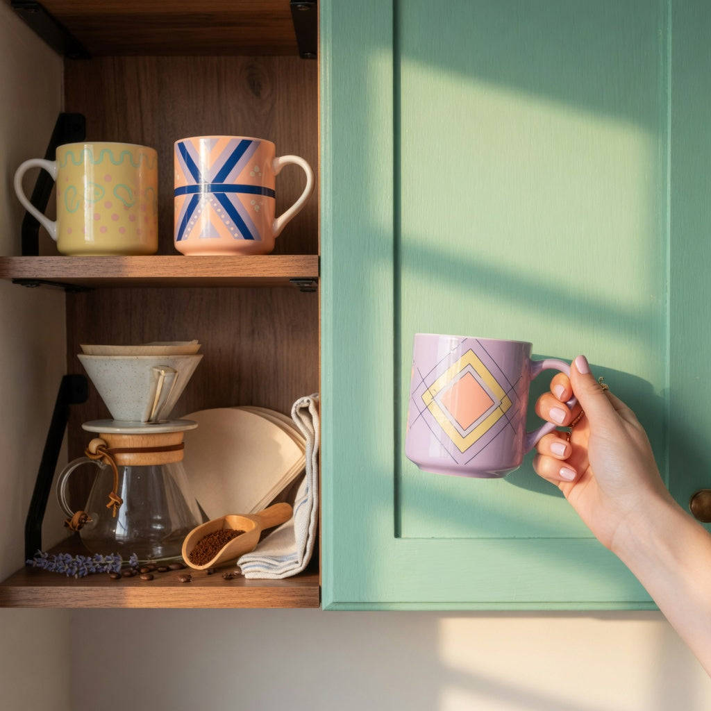 Best retro coffee mugs for home decor styled on walnut open shelves beside mint-green cabinets