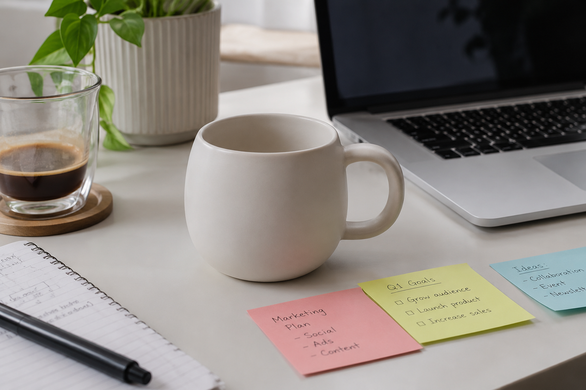 best round ceramic coffee mug for office on a desk