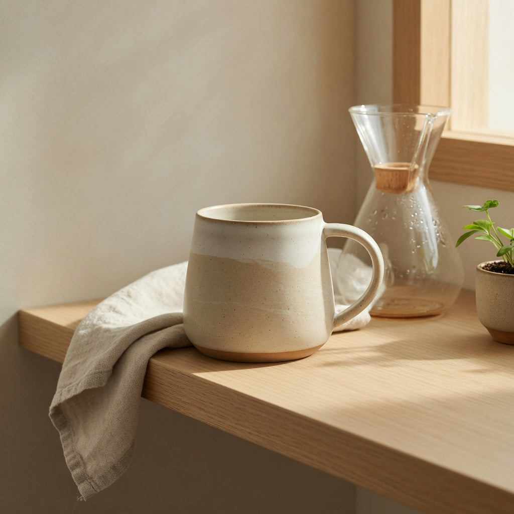 The best round coffee mug for home decor displayed on an open oak coffee station shelf
