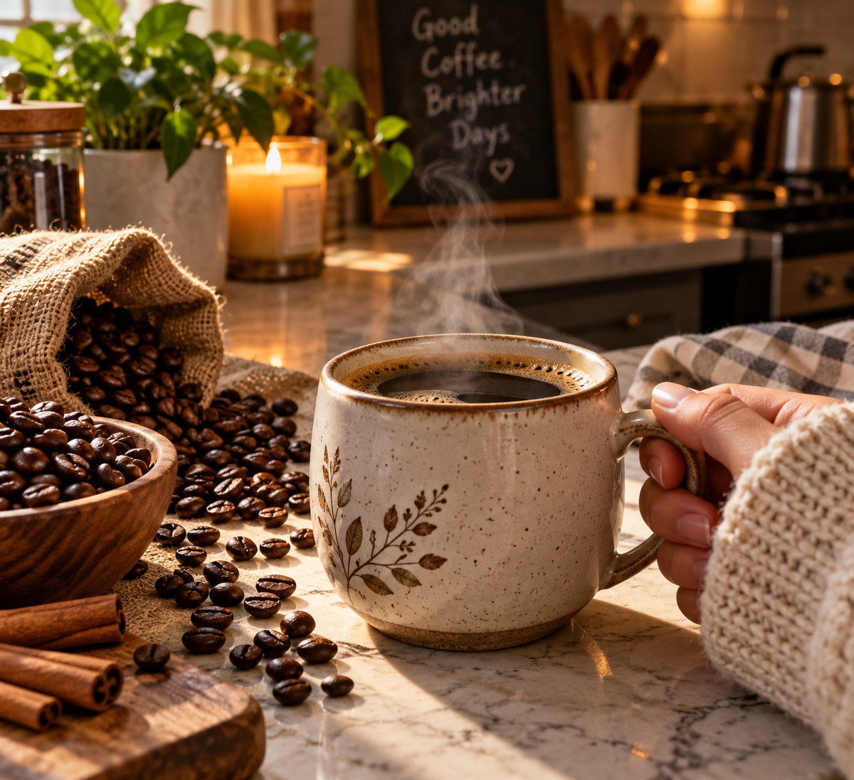 best round coffee tea mug for home on kitchen counter
