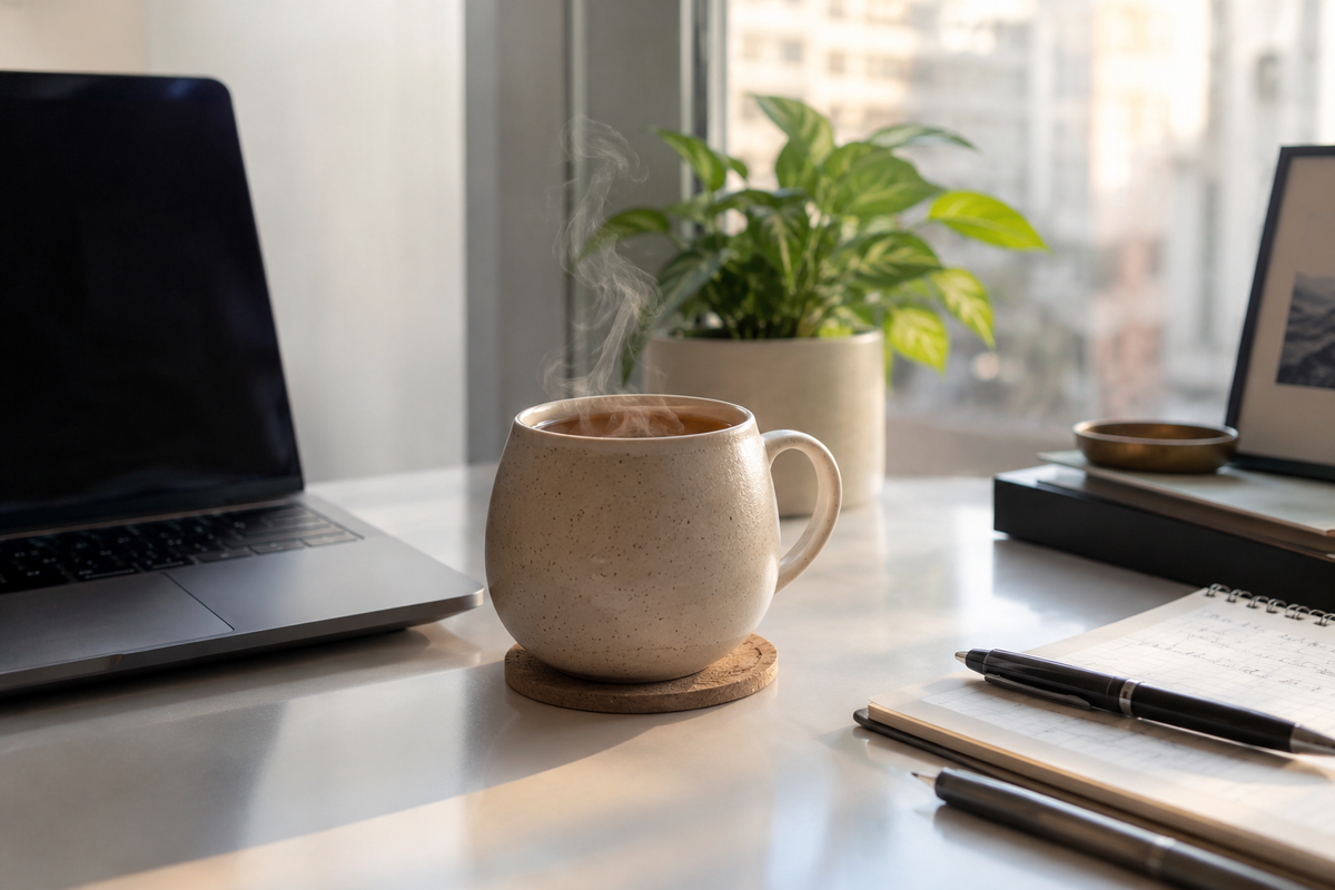 best round tea mug for office on a desk