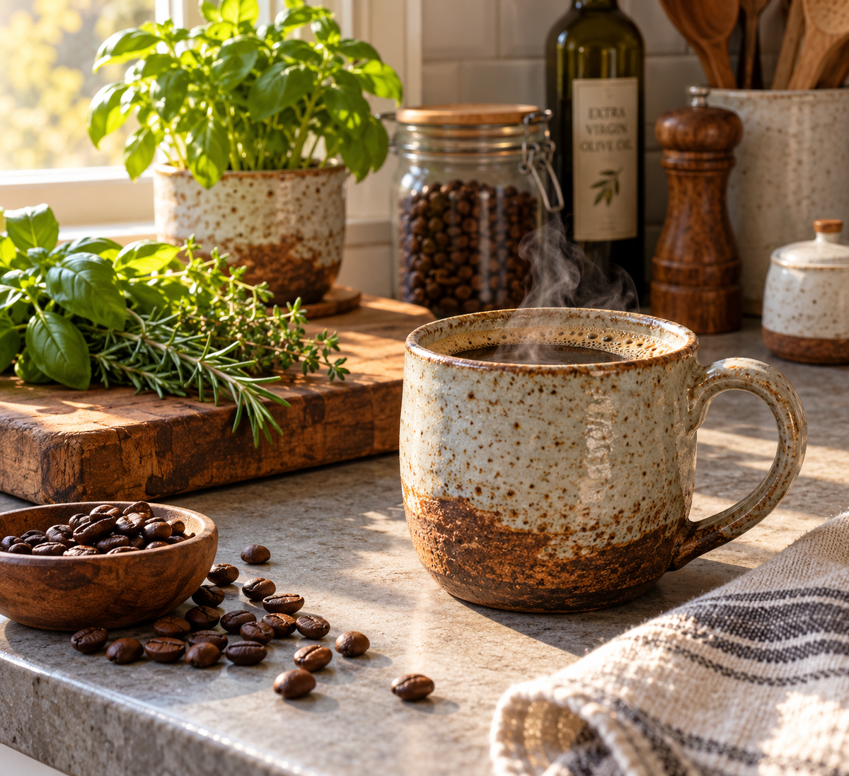 Best rustic ceramic mugs for everyday use on a kitchen counter with coffee