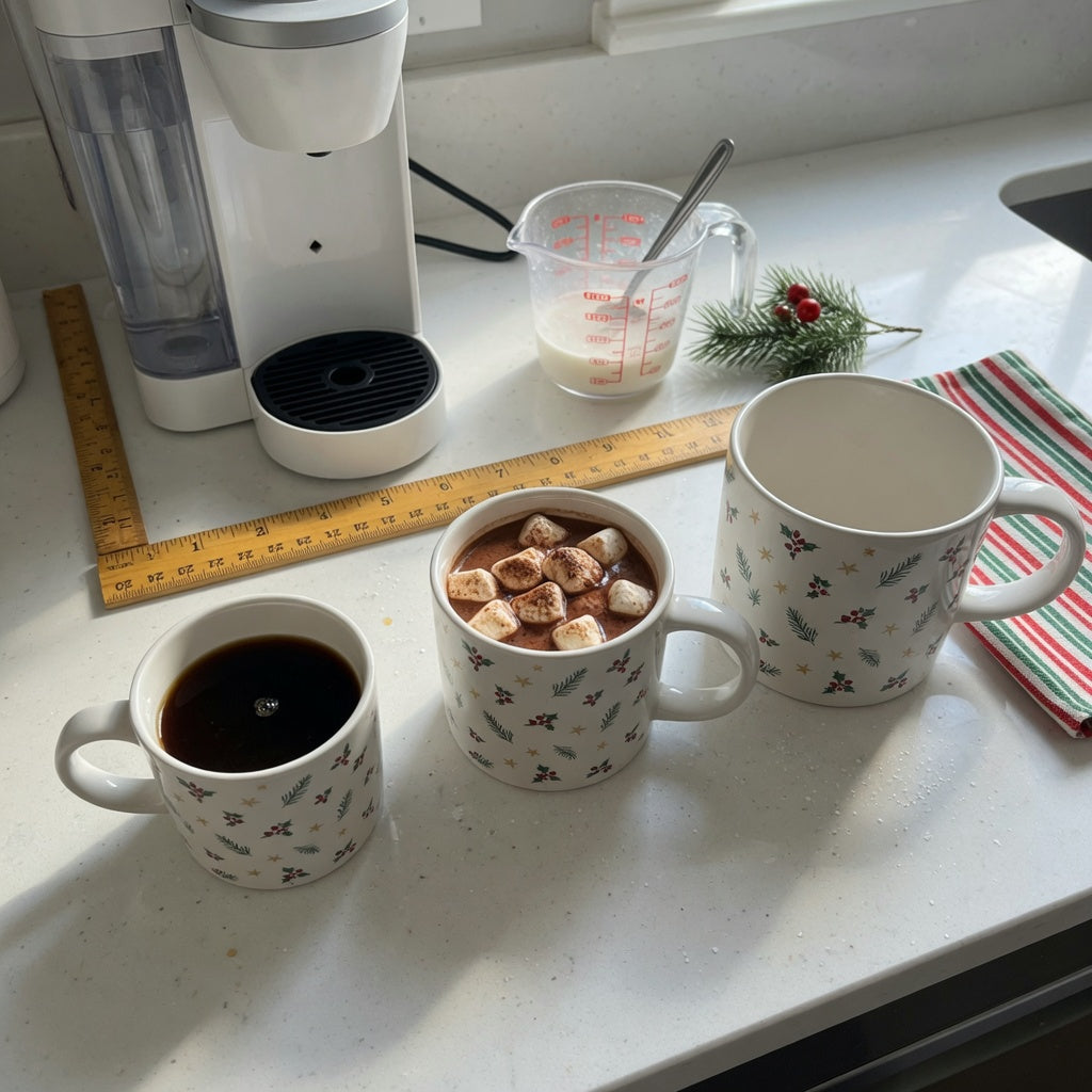 Best size christmas coffee mug comparison with everyday, cocoa, and jumbo holiday mugs beside a single-serve brewer