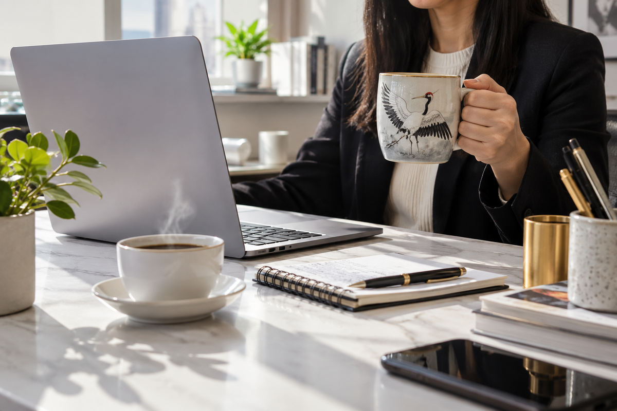 best size crane mug for office on a cluttered desk