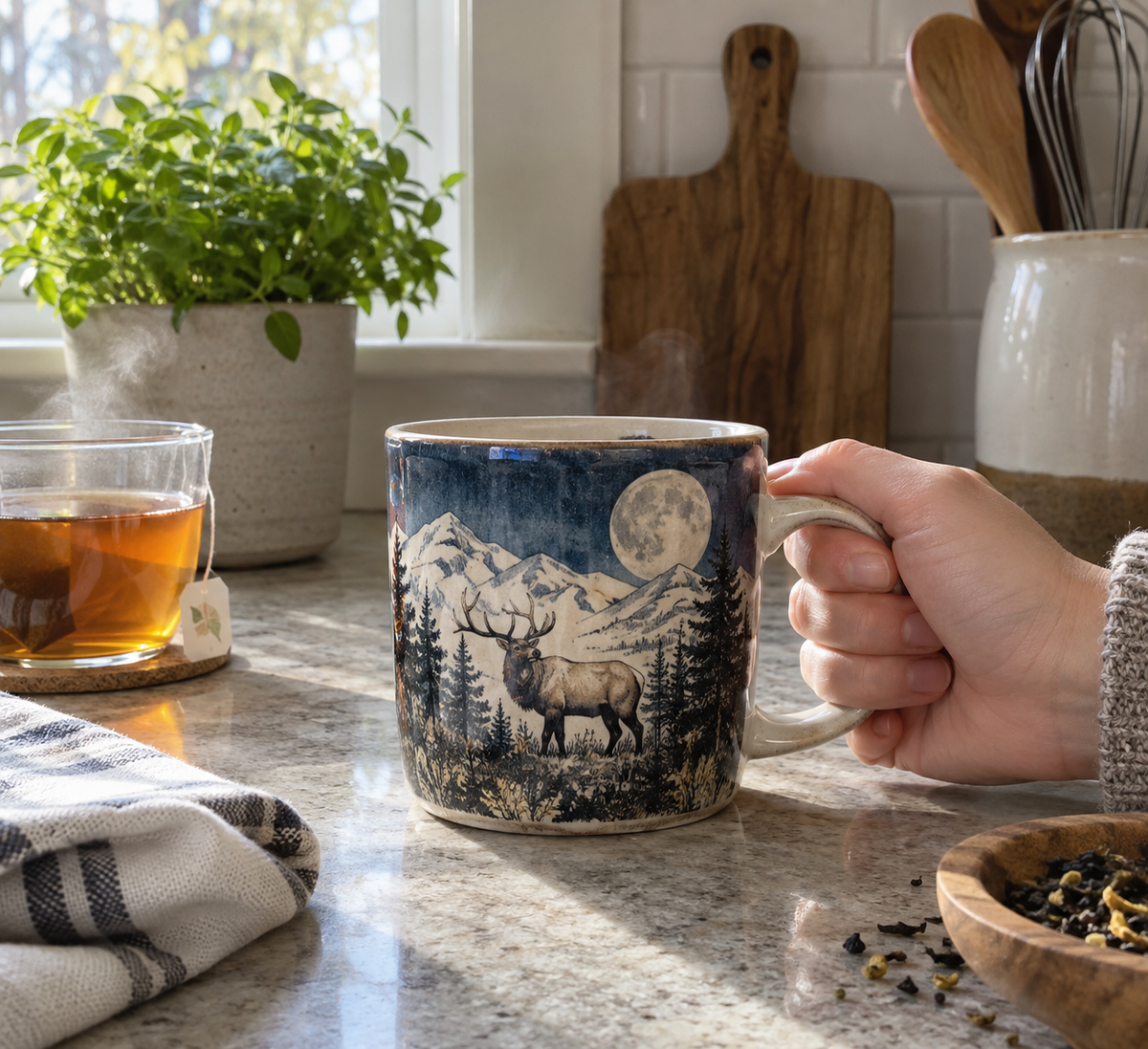 best size elk and moon tea mug in hand with tea