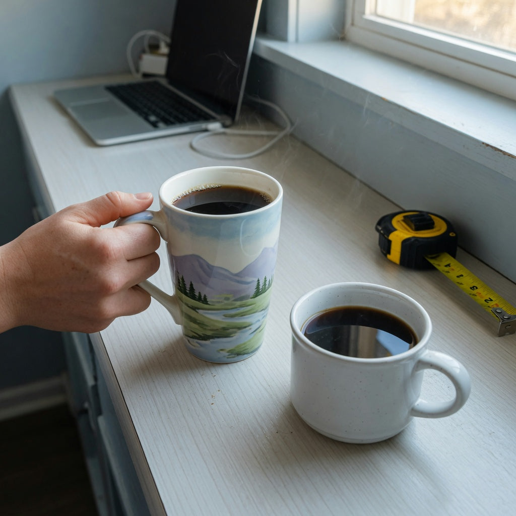 Shopper testing the handle of a tall landscape mug beside a short diner cup while comparing the best tall coffee mugs for coffee lovers on a breakfast bar