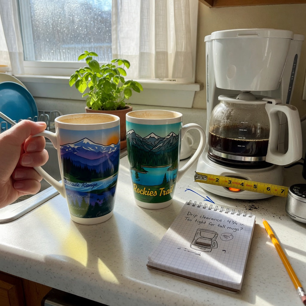 Best tall landscape coffee mugs comparison: two tall ceramic mugs with mountain and forest landscape prints beside a coffee maker and measuring tape on a kitchen counter