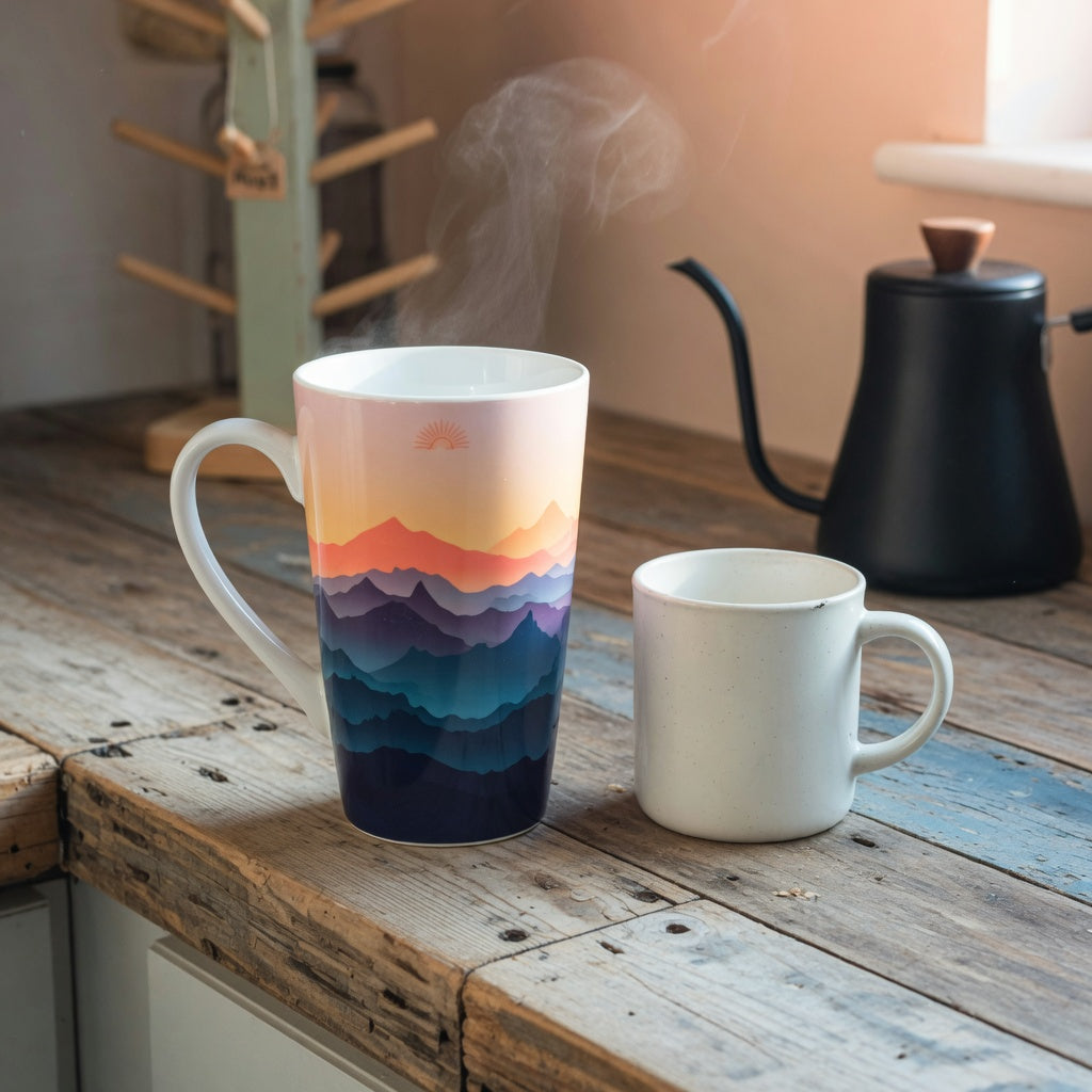 Tall ceramic mountain coffee mug with alpine ridge artwork beside a standard mug on a kitchen counter — one of the best tall mountain coffee mugs for coffee and tea drinkers