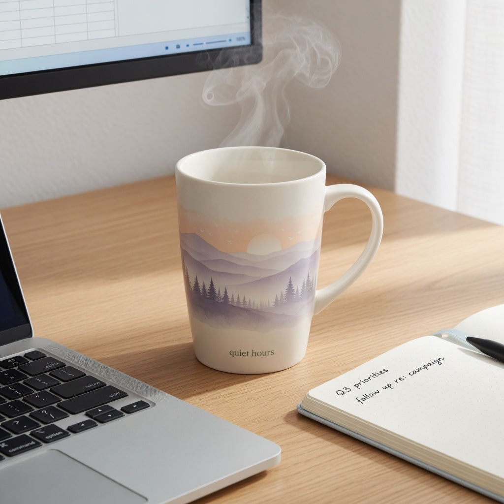Best tall mug for coffee and tea desk use on a wooden desk beside a laptop keyboard and notebook, sitting clear of the monitor line