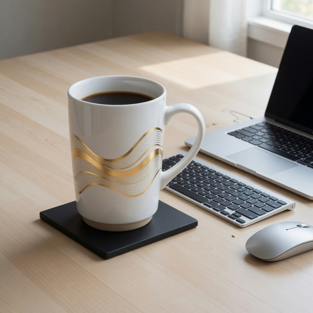 Finding the best tall mug for office desk use beside a keyboard and laptop