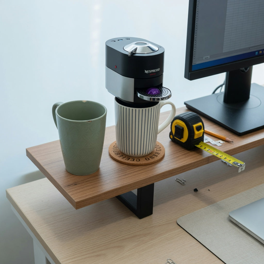 Best tall mugs for office desk shelf: two tall ceramic mugs on a wooden desk shelf beside a single-serve coffee machine