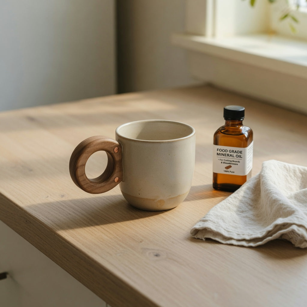 Coffee mug with a wooden handle beside mineral oil and a cloth, illustrating the best wooden handle coffee mugs buying checklist