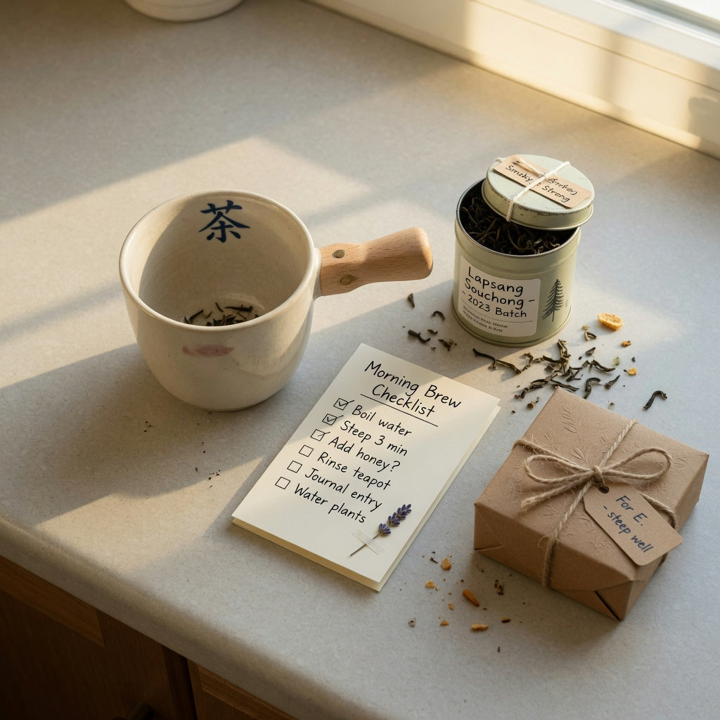 Best wooden handle tea mug gift comparison: checklist card beside a wooden handle tea mug, tea tin, and gift box on a kitchen counter