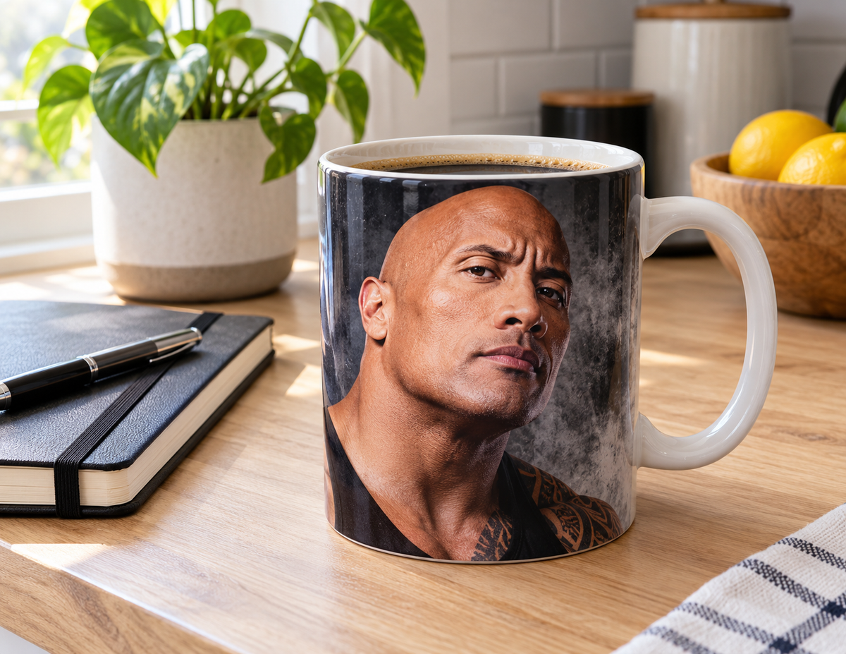 big ceramic mug The Rock novelty ceramic coffee mug on kitchen counter