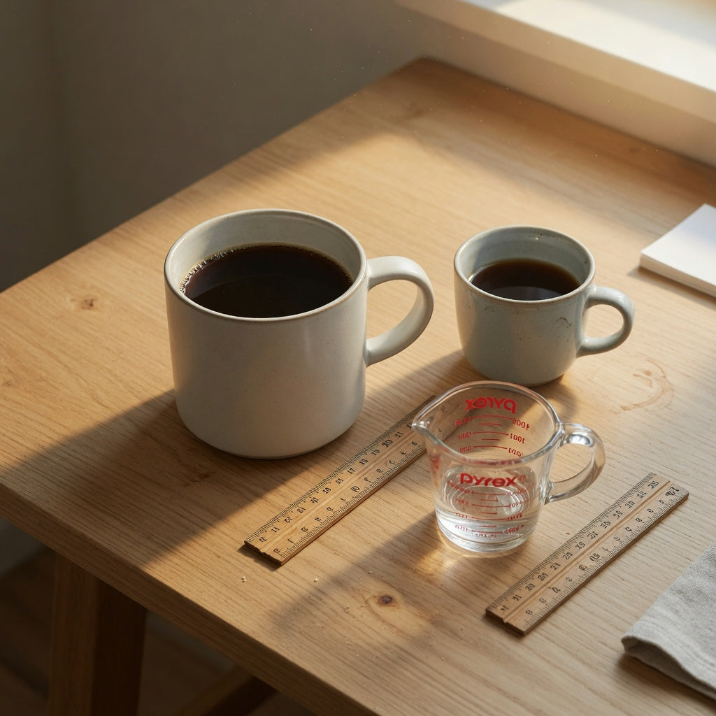 Big coffee mug 480 ml ceramic beside a measuring jug and smaller desk mug