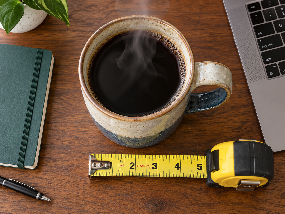Big coffee mug for desk use on a wooden office desk beside a laptop, with a tape measure showing its wide base