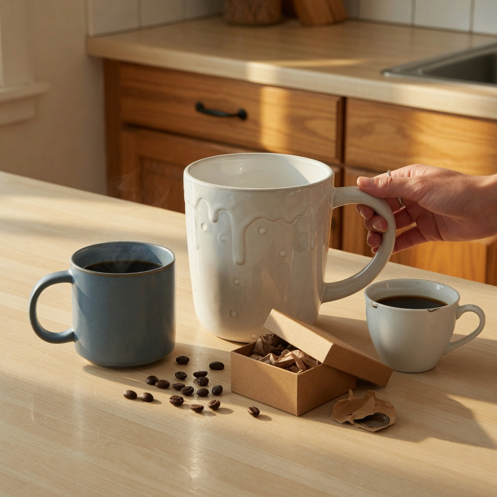 Two mugs compared beside a gift box while choosing a big coffee mug for gifting