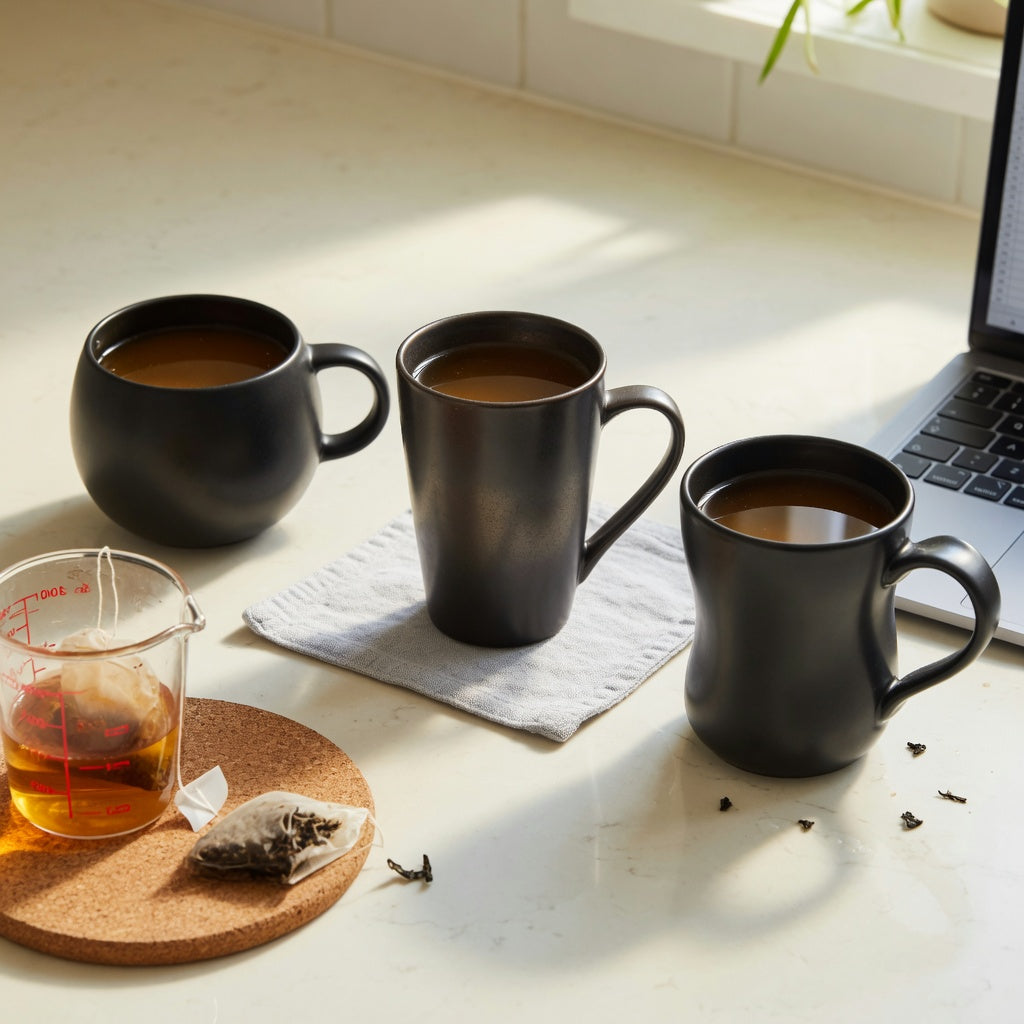 Black tea mug buying priorities compared with Round 390 ml, Gradient 400 ml, and The Flow 400 ml mugs on a kitchen counter