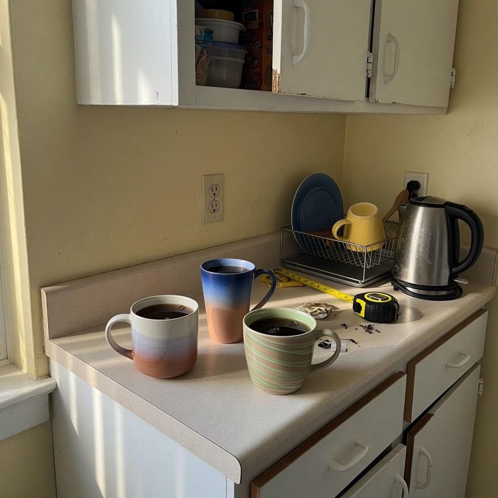 black tea mug compact kitchen product shortlist guide showing Round, Gradient, and Flow mugs on a narrow counter beside a cabinet