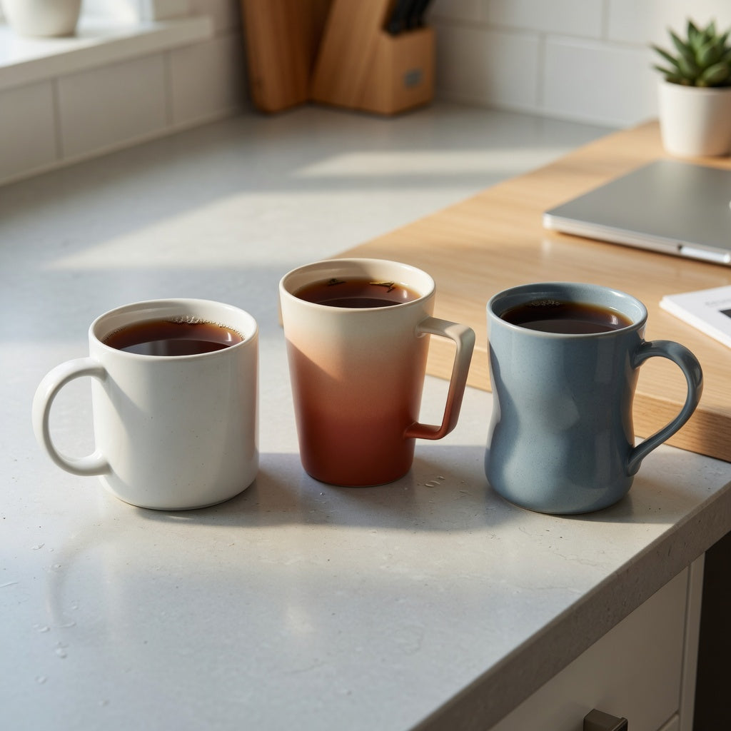 Black tea mug current product facts comparison showing Round 390 ml, The Gradient 400 ml, and The Flow 400 ml mugs