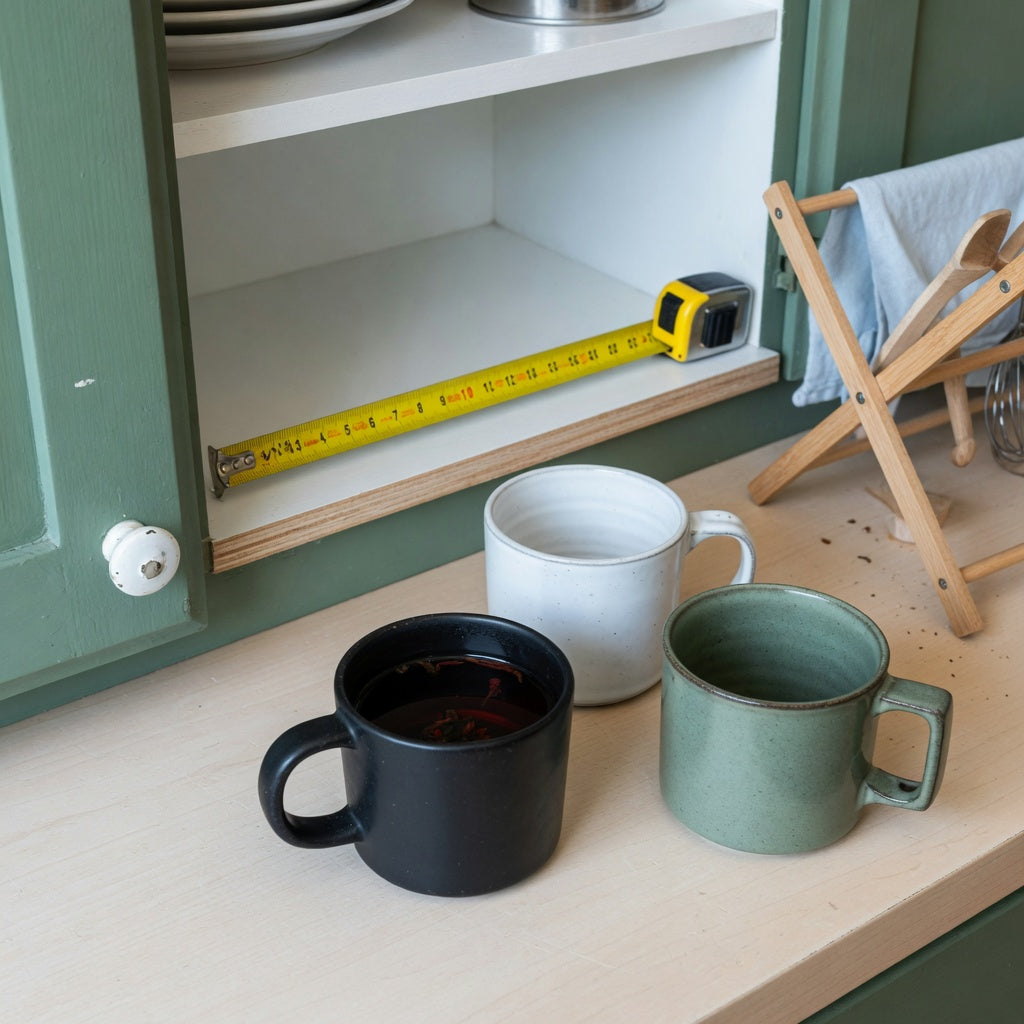 black tea mug everyday mug rotation practical purchase checklist with three handled mugs beside an open kitchen shelf
